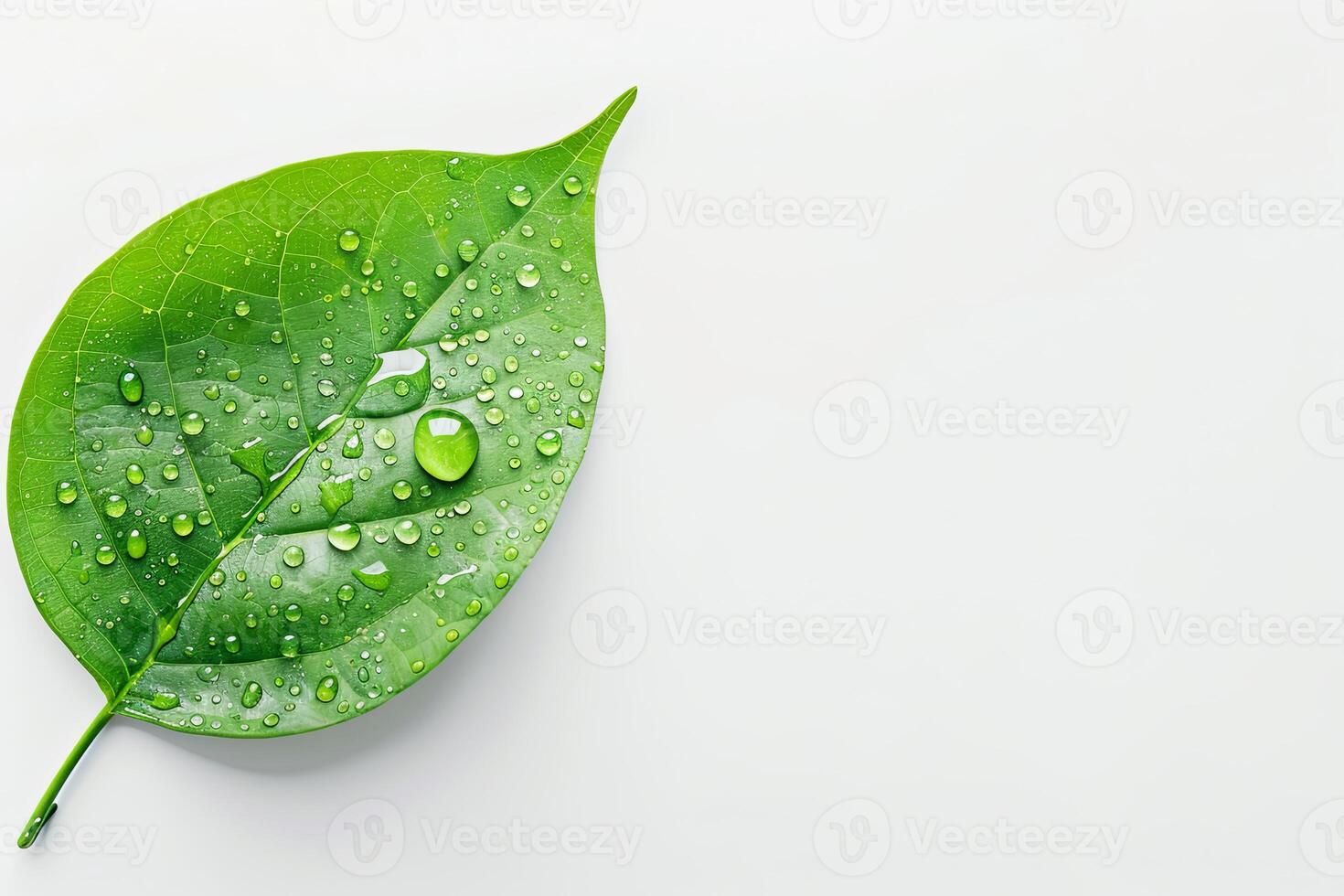 Green leaf with refreshing water droplets on a white background photo