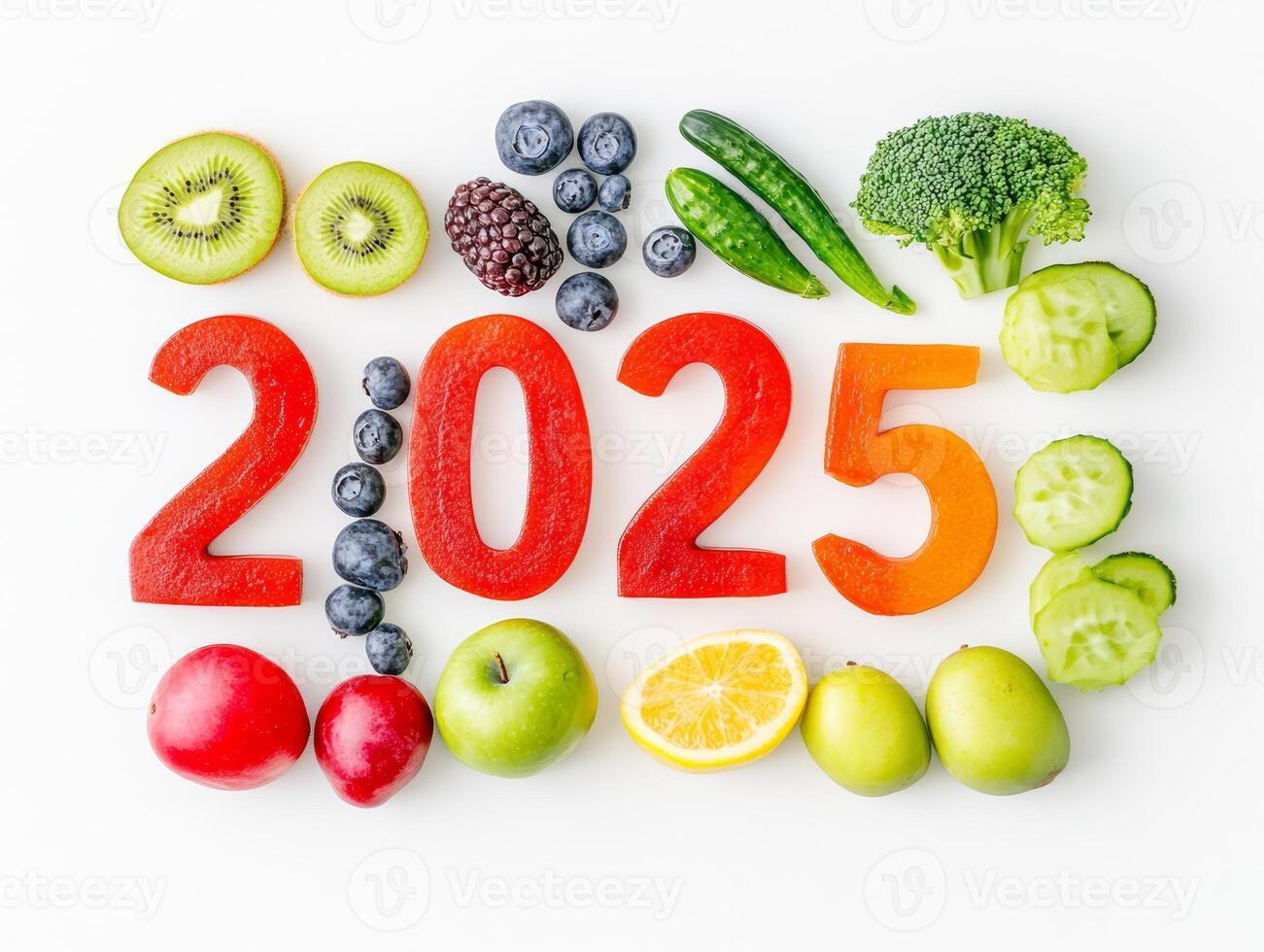 2025 Written with Fresh Fruits and Vegetables for Healthy New Year photo