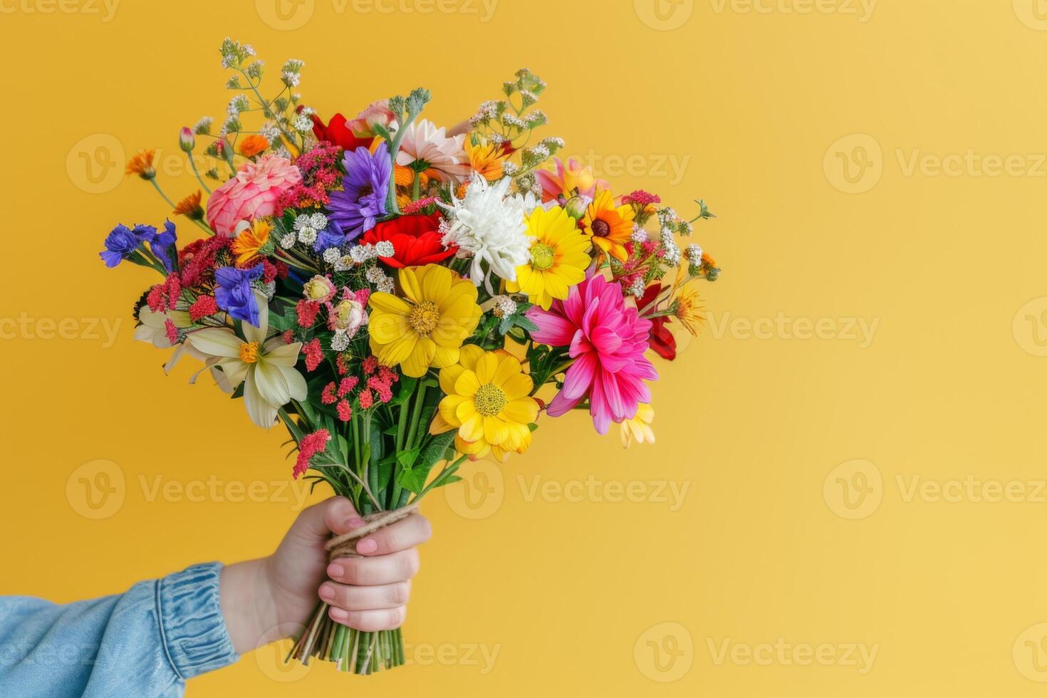 Vibrant bouquet of mixed flowers against a yellow background photo