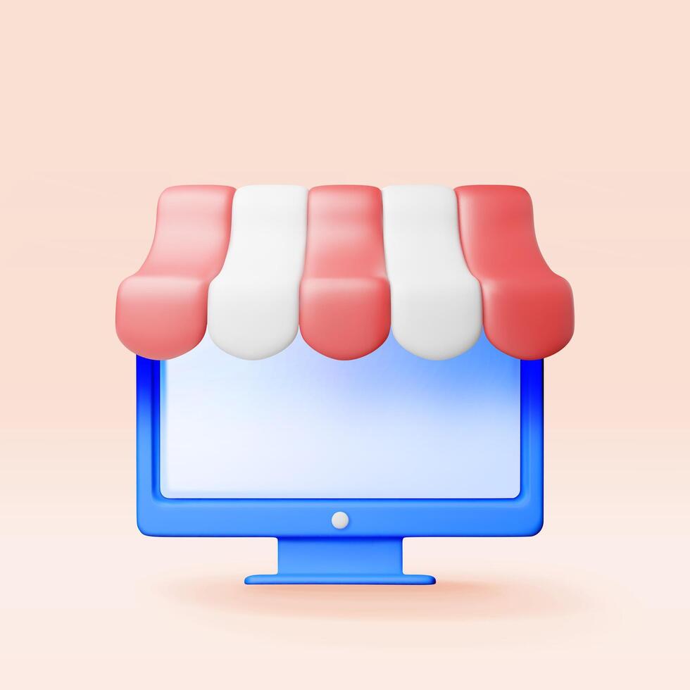 3D striped awning and computer. Render red and white sunshade for online store. Outdoor shelter for internet shop or market. Tent for cafe or restaurant. vector