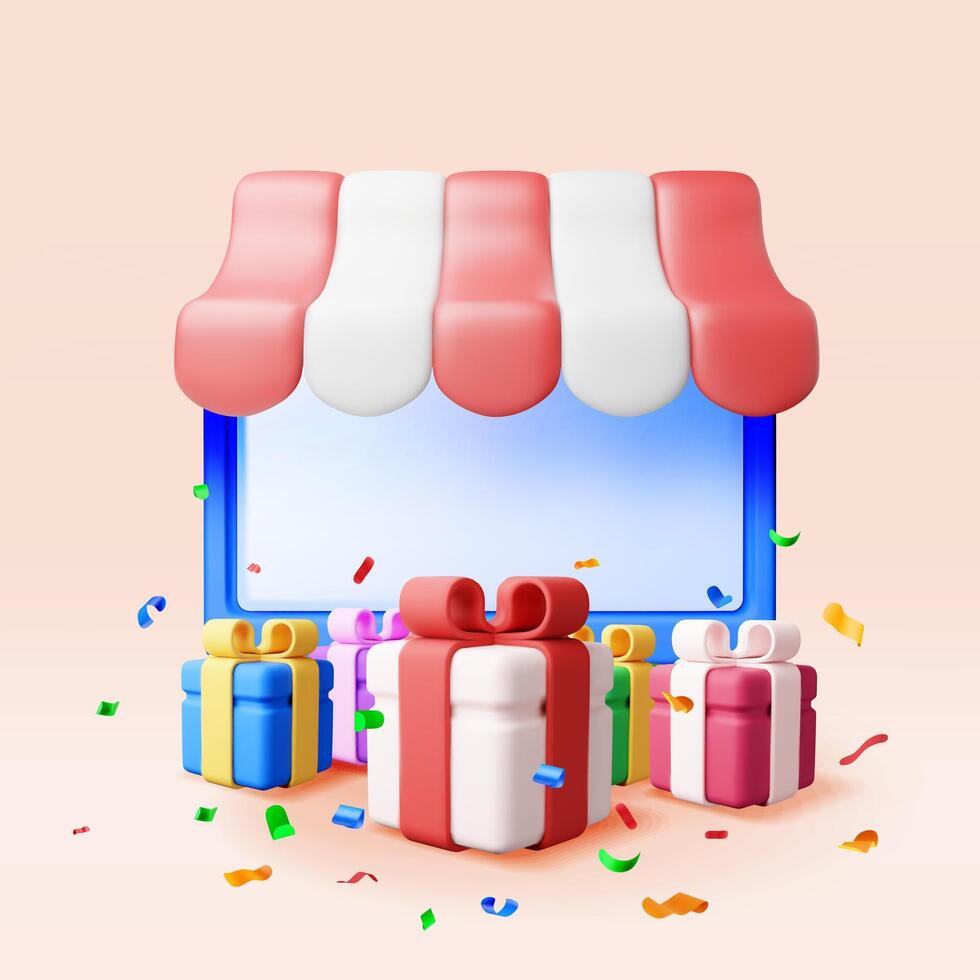 3D striped awning in computer and gift boxes. Render sunshade online store. Internet shop or market. Online or retail shopping symbol vector