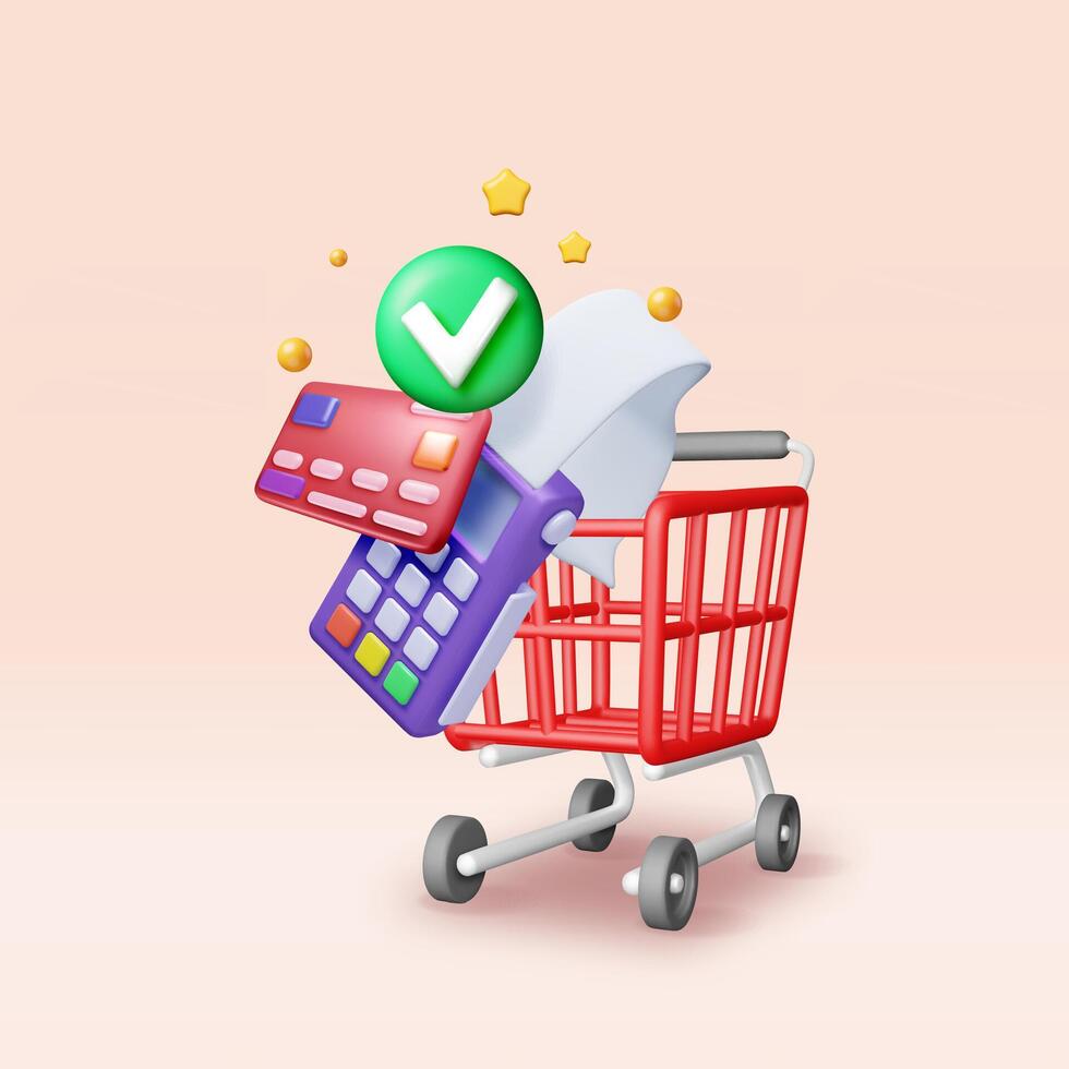 3D payment terminal with card and shopping cart. Render modern POS bank payment device. Payment NFC keypad machine. vector