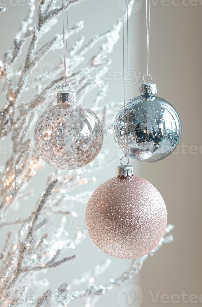 Christmas tree ornaments with glitter on the snow covered decorative branches photo