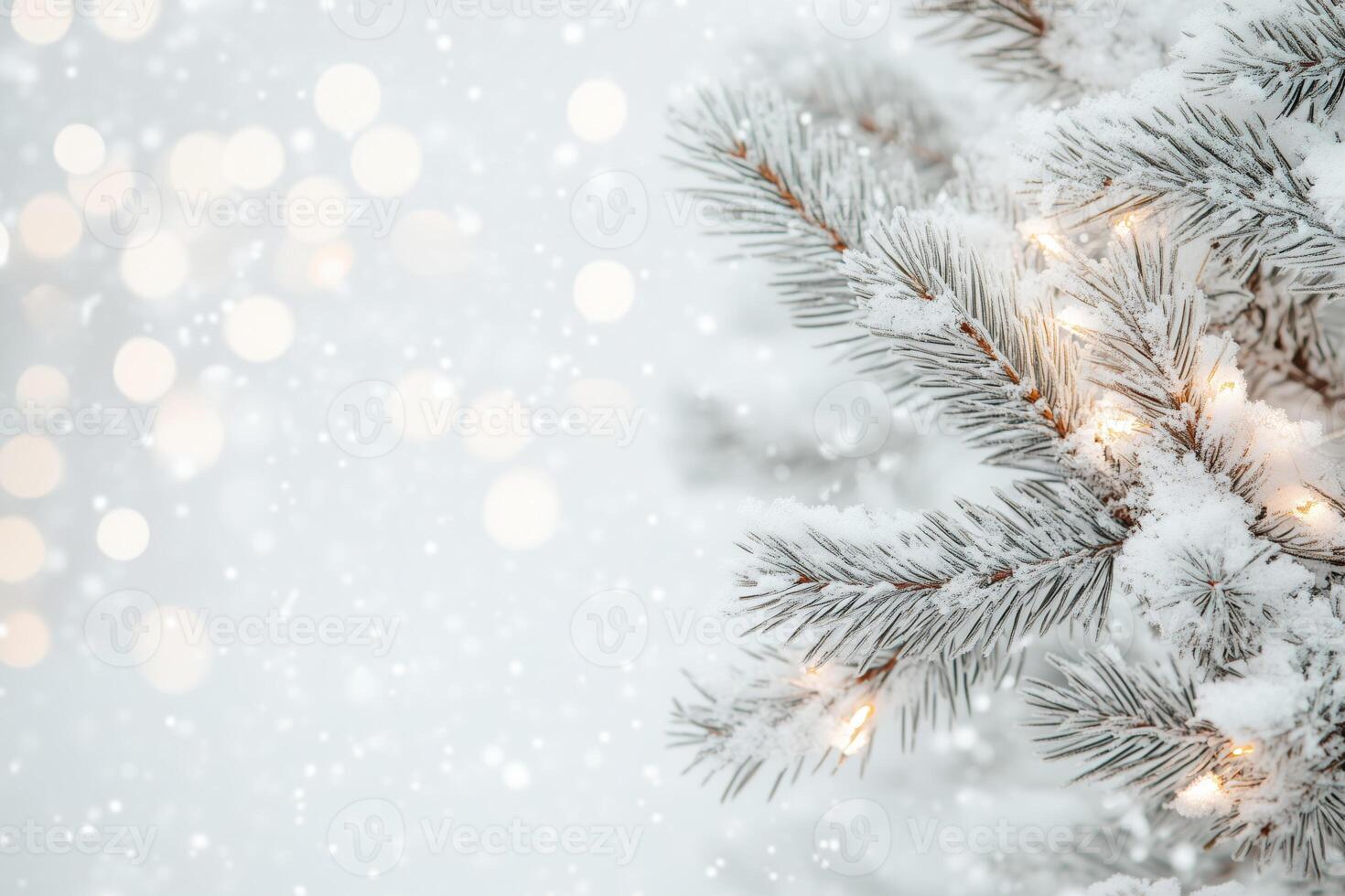 A detailed view of snow covered pine branches with a snowy and bokeh lights background photo