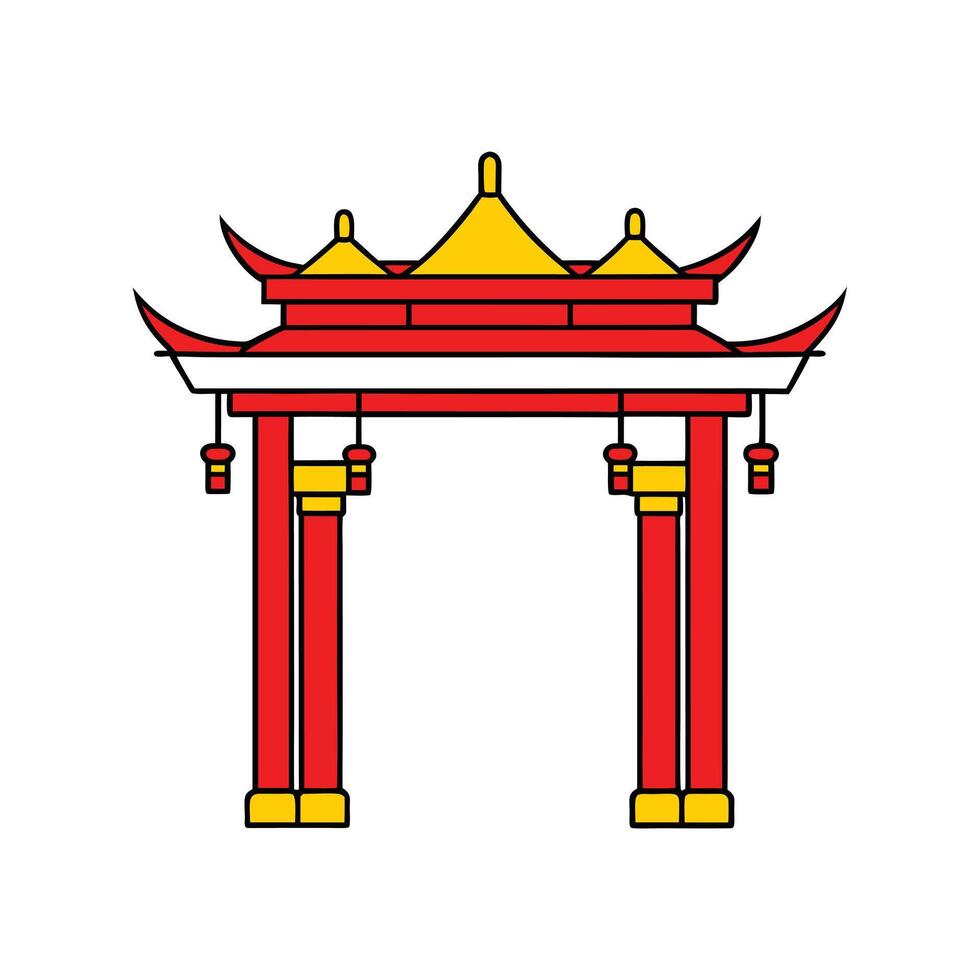 Colorful Pagoda-Style Traditional Chinese Gate in Red and Yellow for Culture Art vector