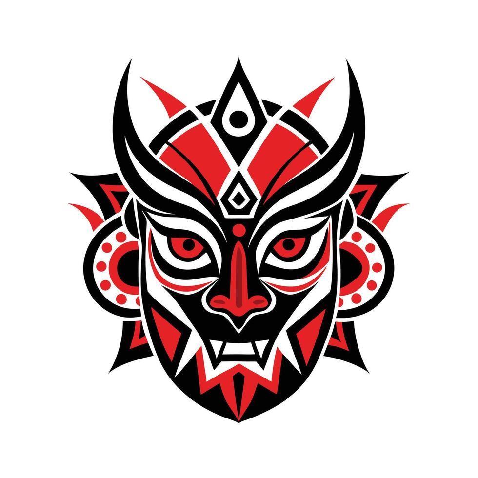 Traditional Tribal Mask Illustration Red and Black Face Art with Symbolic Ethnic Patterns vector
