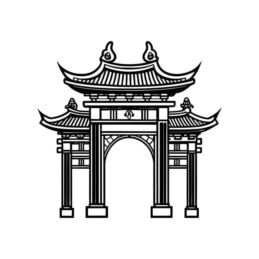 Traditional Chinese Gate and Pagoda Design in Black and White Line Art for Asian Architecture vector