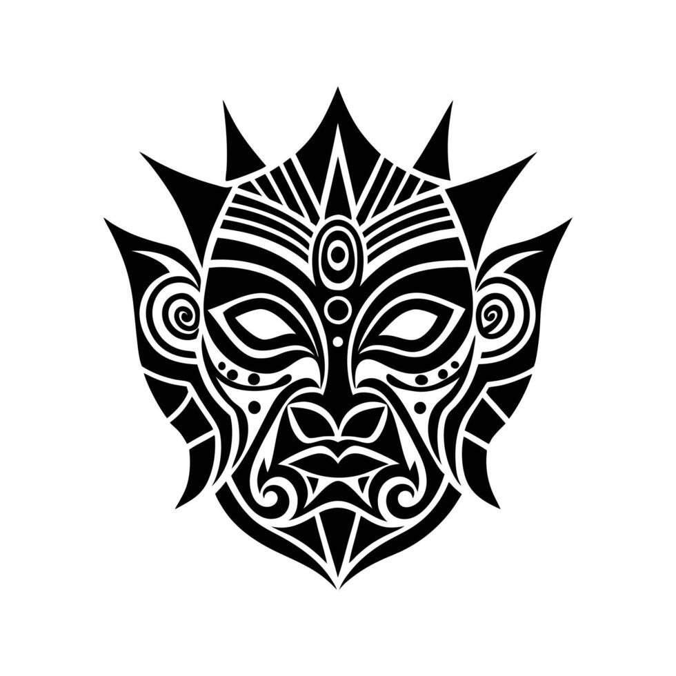 Tribal Mask Illustration - Black and White Intricate Line Art with Geometric Patterns and Bold Design vector