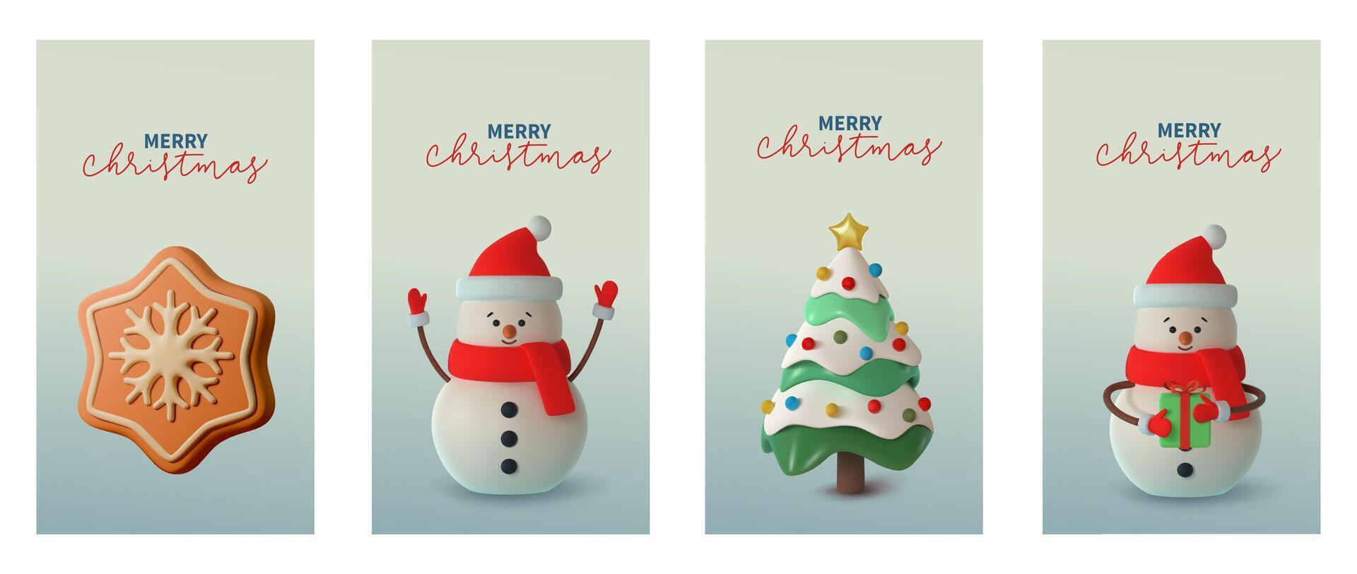 Set 3d modern vertical illustration featuring a snowflake shaped cookie, snowman, Christmas tree on a soft gradient background. With the text Merry Christmas in elegant typography. illustration vector