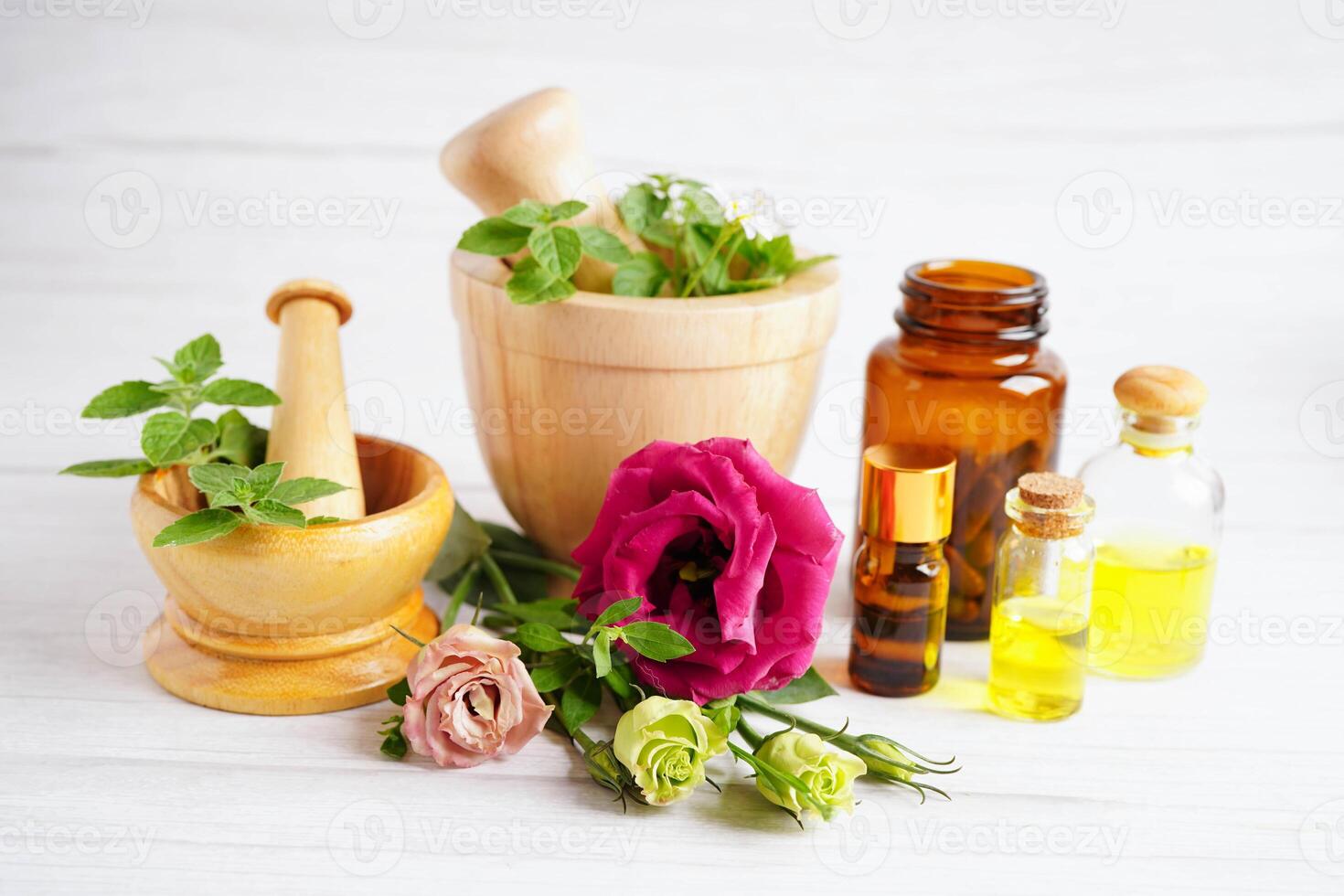 Essential oil, Alternative medicine herbal organic, mineral, drug with herb leaf natural supplements for healthy good life. photo