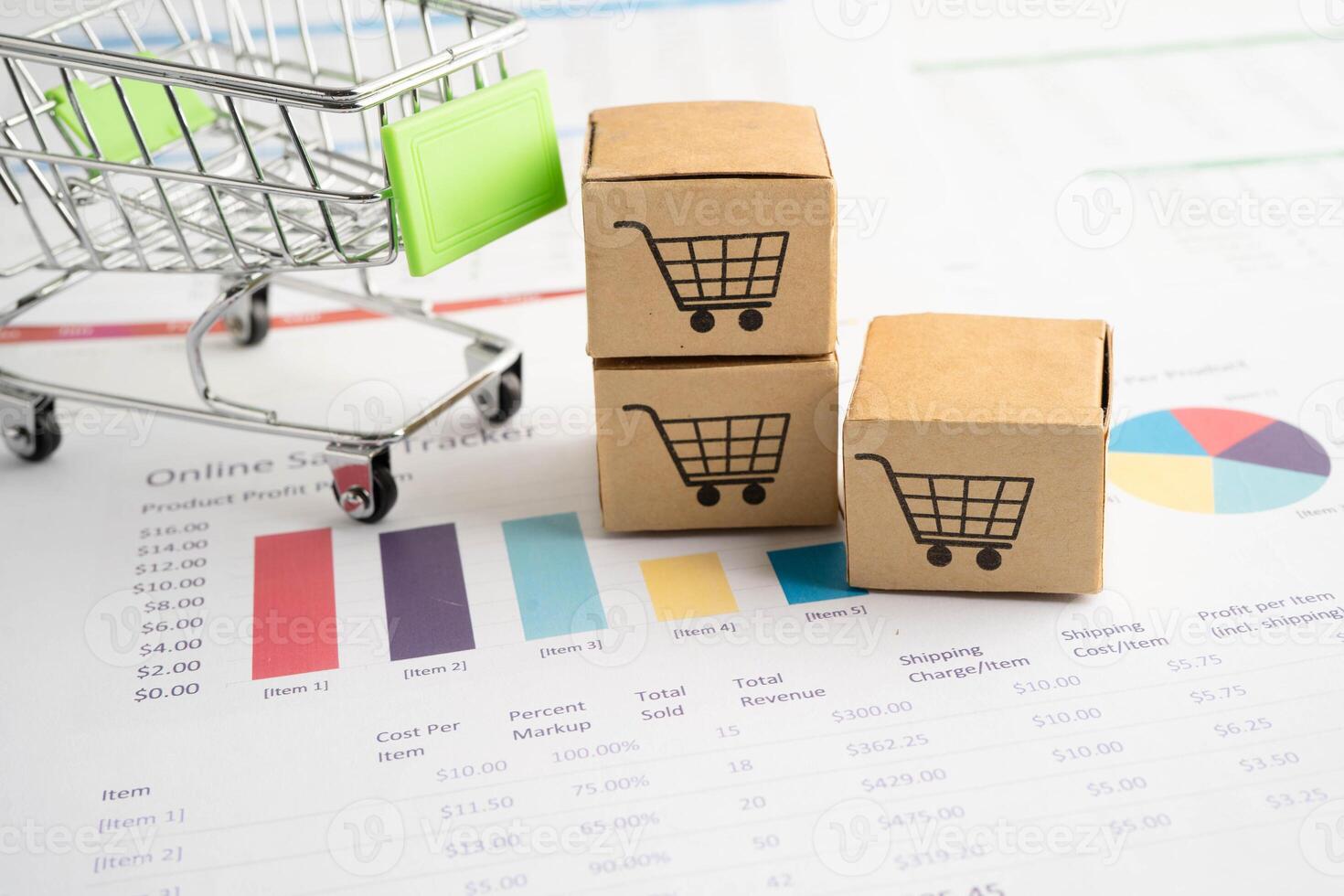 Online shopping, Shopping cart box on business graph, import export, finance commerce. photo
