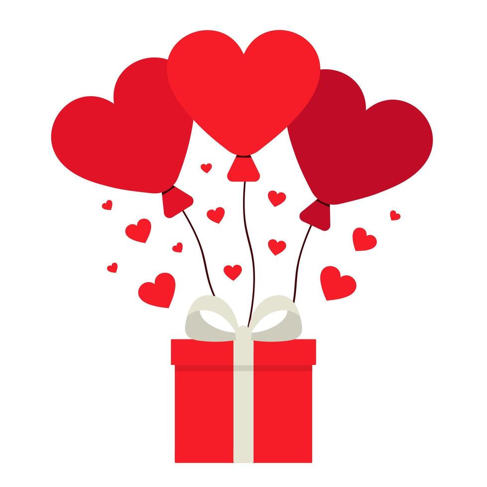 Red gift box flying on heart shaped balloons with hearts vector