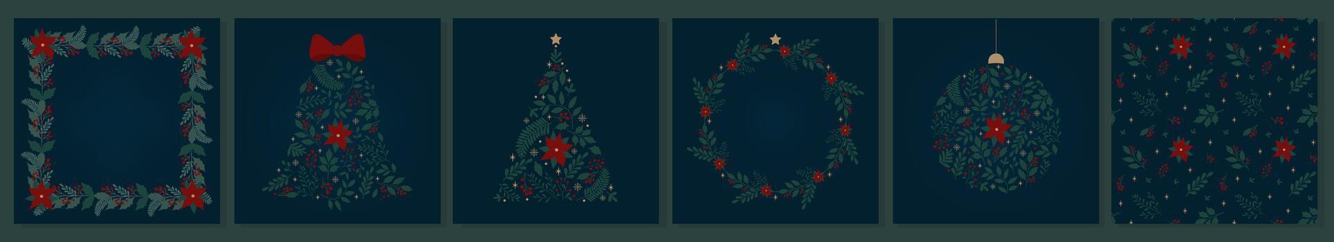 Set of greeting cards with with floral frame, bell, Christmas tree, ball, wreath and copy space vector
