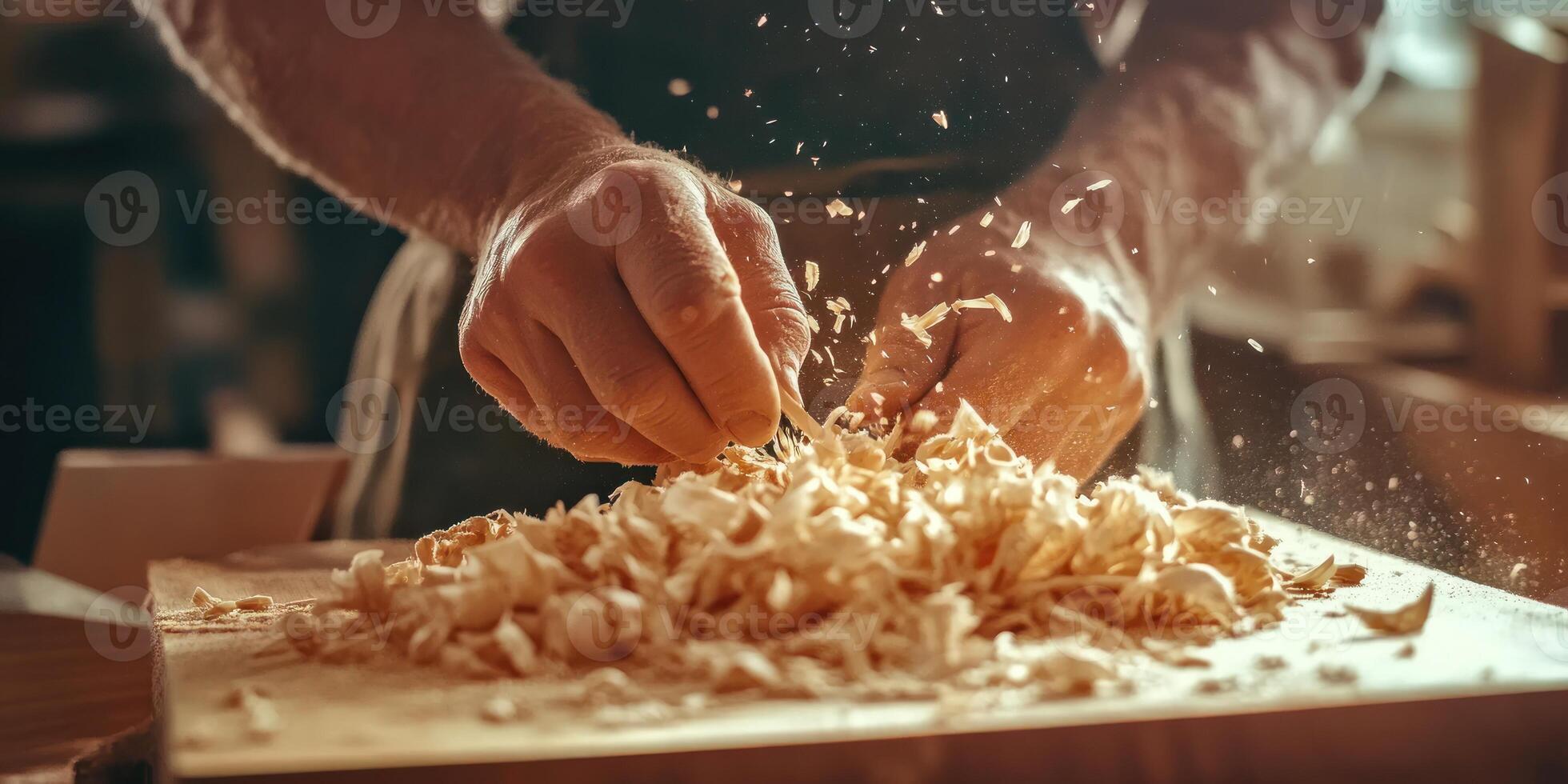 Master craftsmanship. Carpenter carving intricate patterns in woodwork photo
