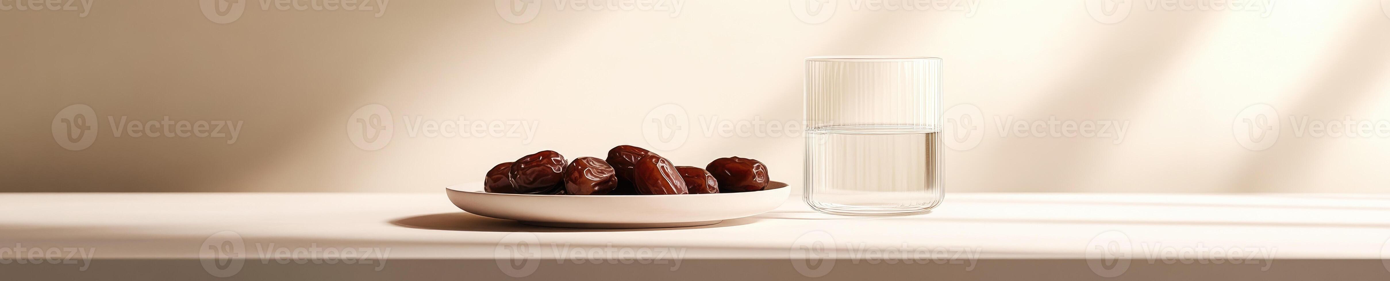 Minimalist dining scene with dates on plate and glass of water in soft light photo