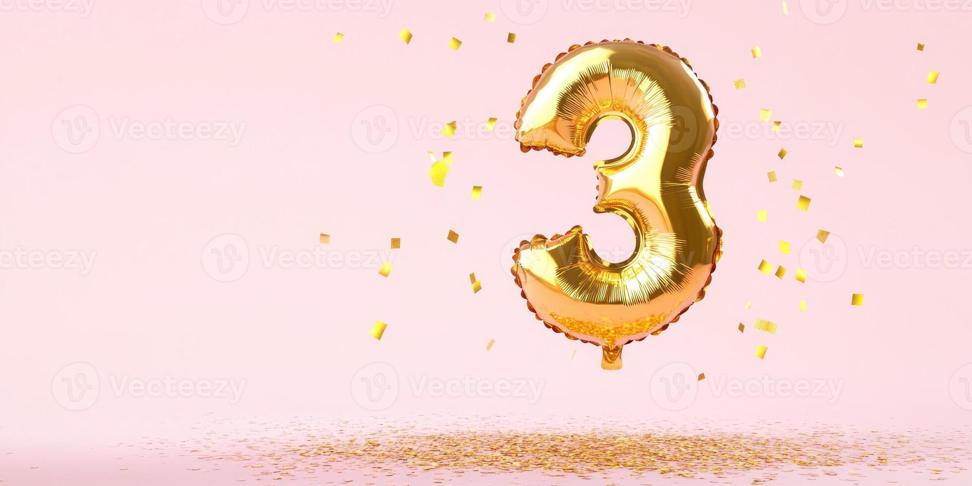 Golden number three balloon celebration with pink background and confetti photo
