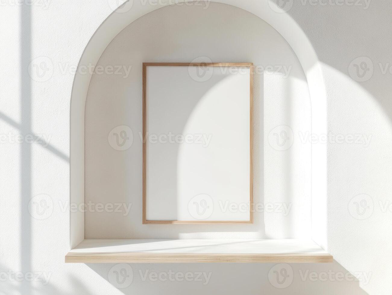 Minimalist interior design with empty white poster in light wooden frame photo
