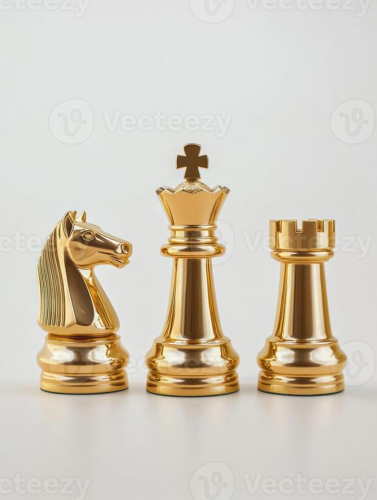 Elegant golden chess pieces set featuring king, queen, and knight for strategic game enthusiasts photo
