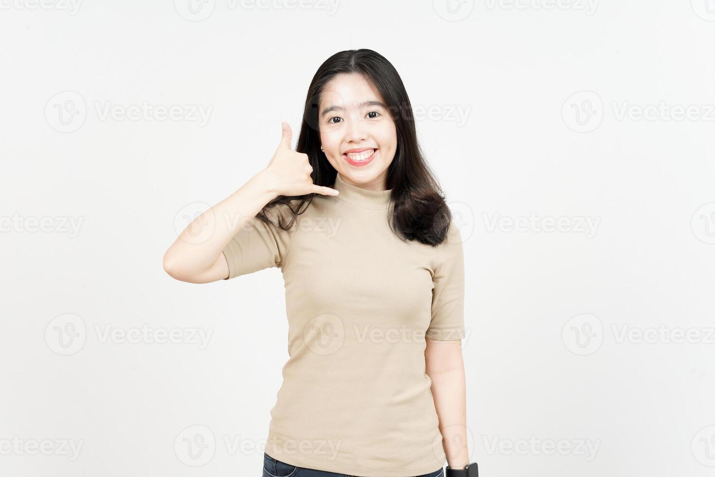 Call Me Gesture Of Beautiful Asian Woman Isolated On White Background photo