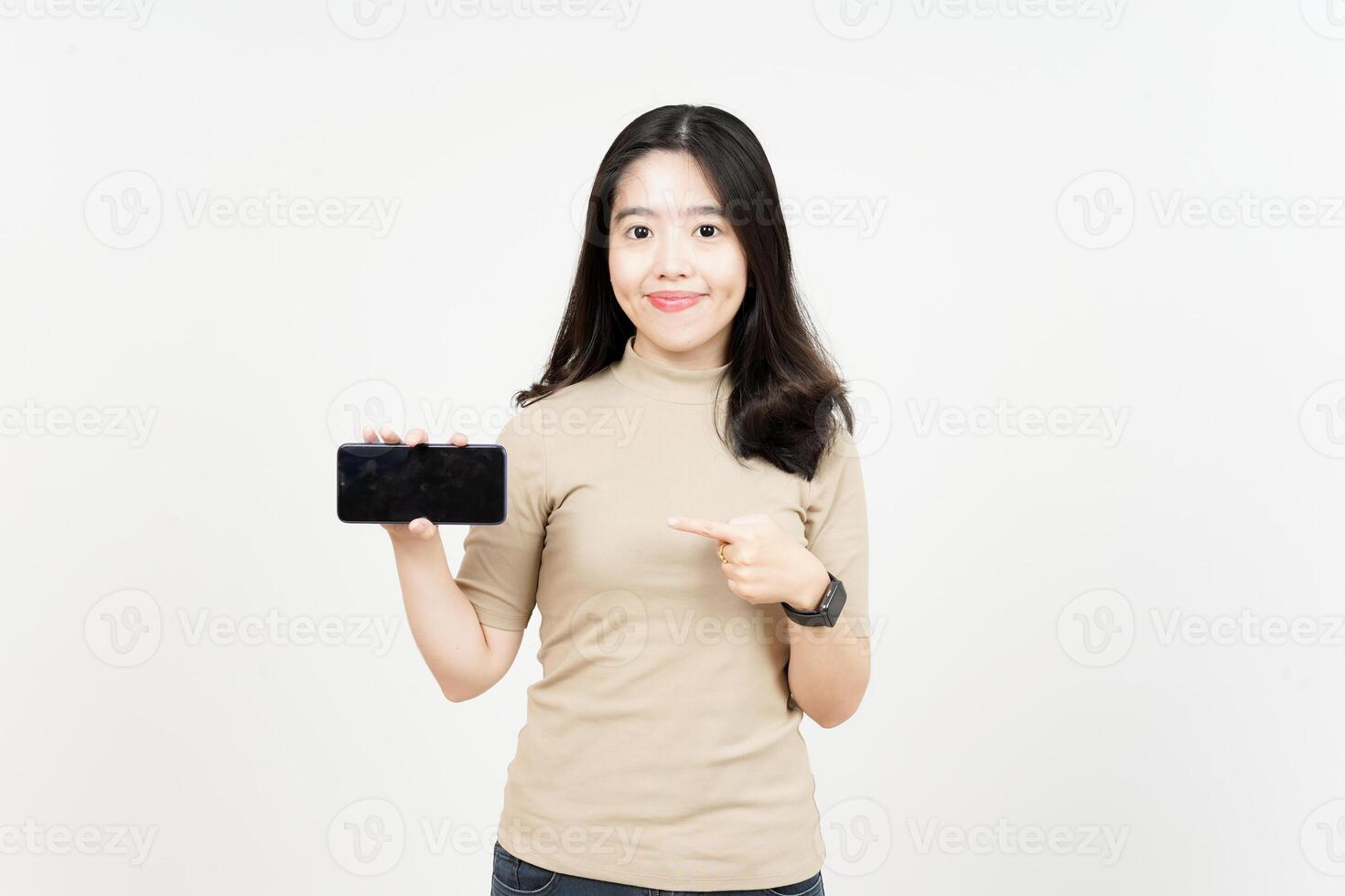 Showing Apps or Ads On Blank Screen Smartphone Of Beautiful Asian Woman Isolated On White Background photo