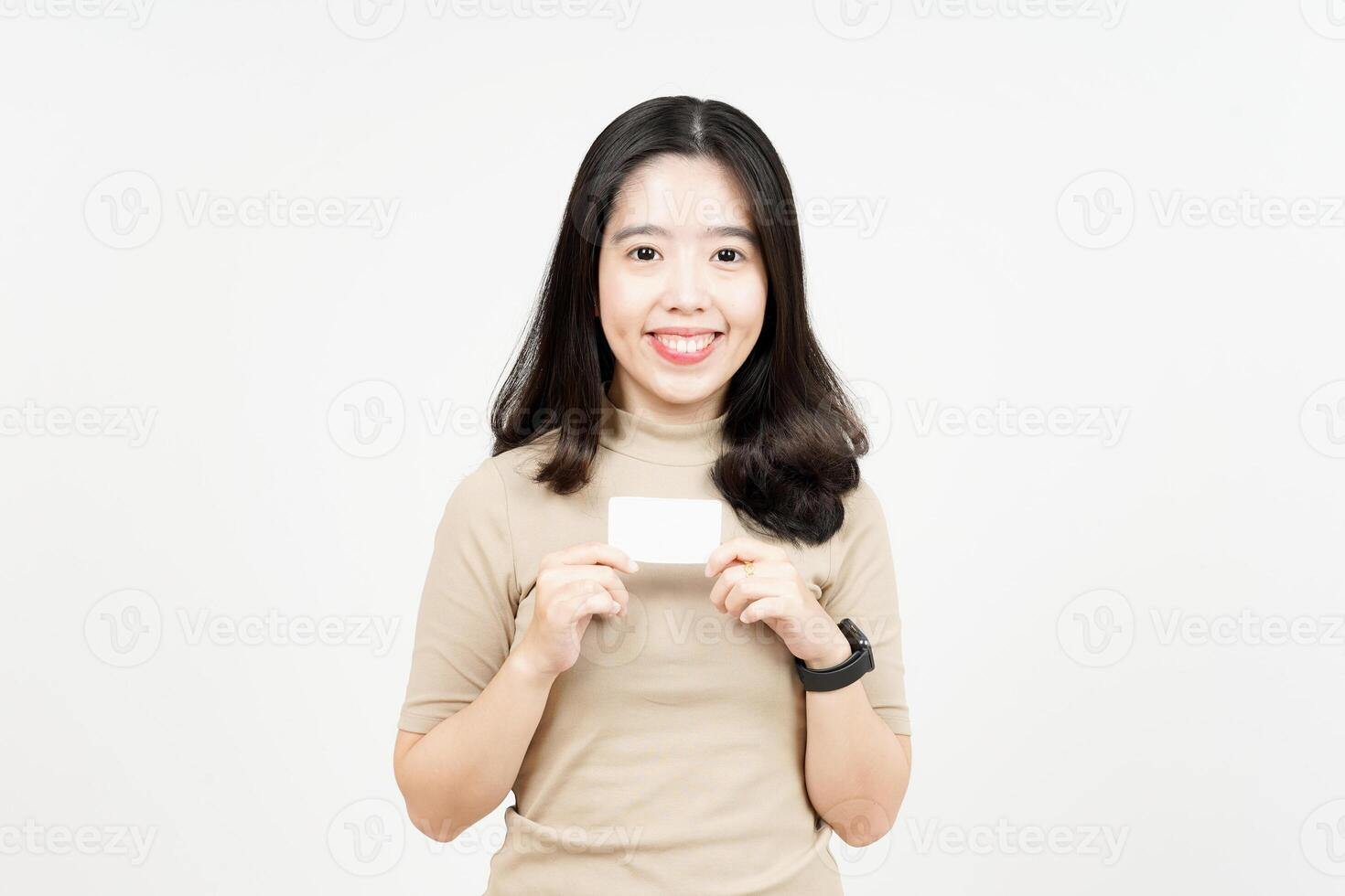Holding Blank Bank Card Or Credit Card Of Beautiful Asian Woman Isolated On White Background photo