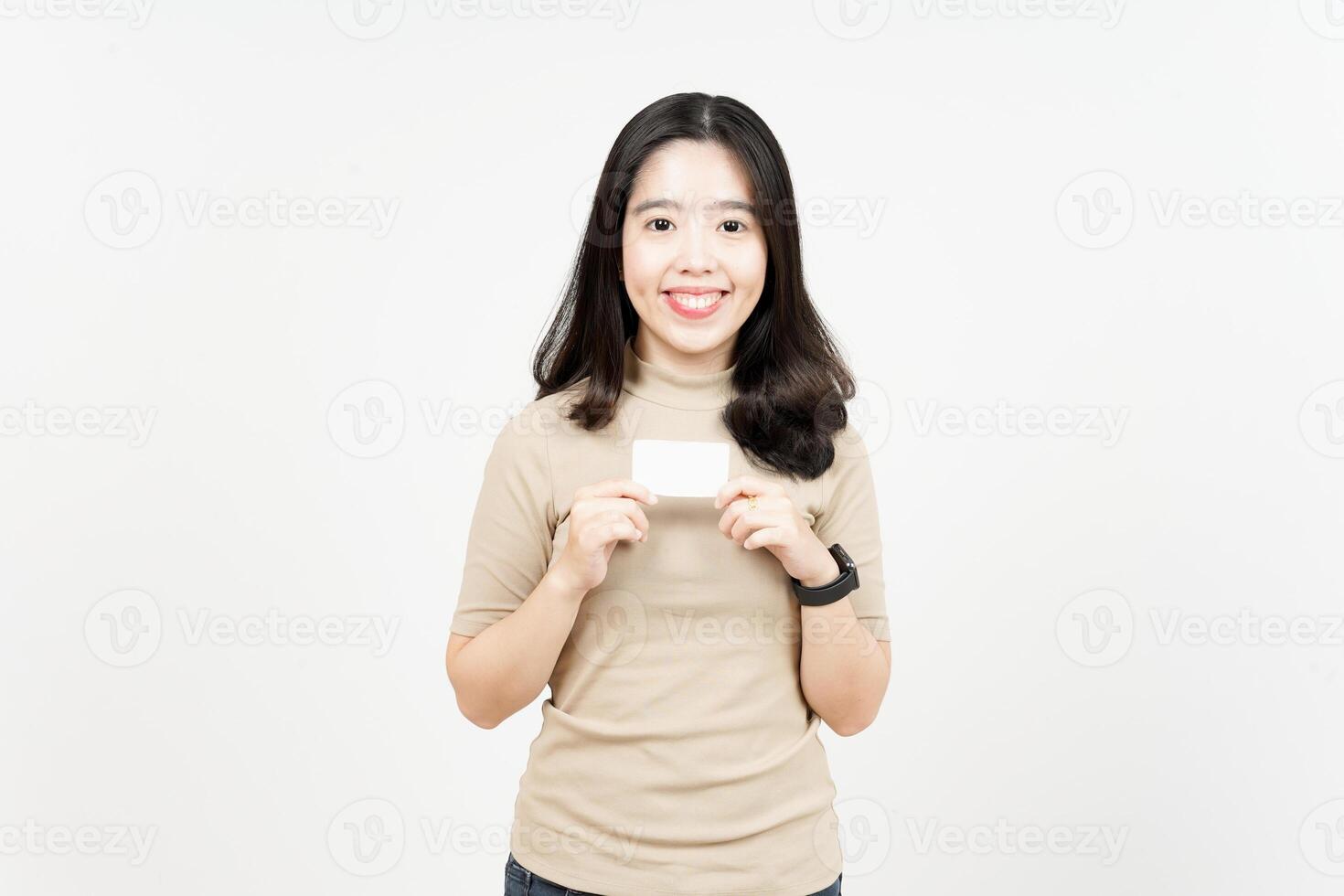 Holding Blank Bank Card Or Credit Card Of Beautiful Asian Woman Isolated On White Background photo