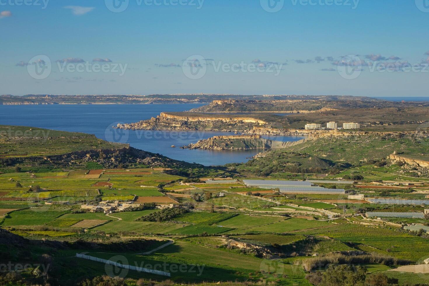 Panoramic View of Maltese Countryside and Coastline Overlooking Golden Bay and Gozo. photo