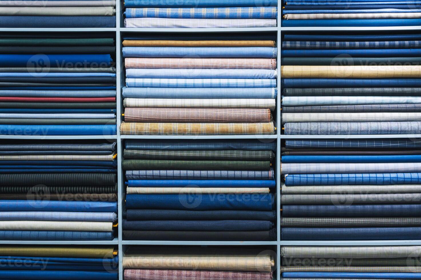 Fabric and textiles samples in a factory shop or store. photo