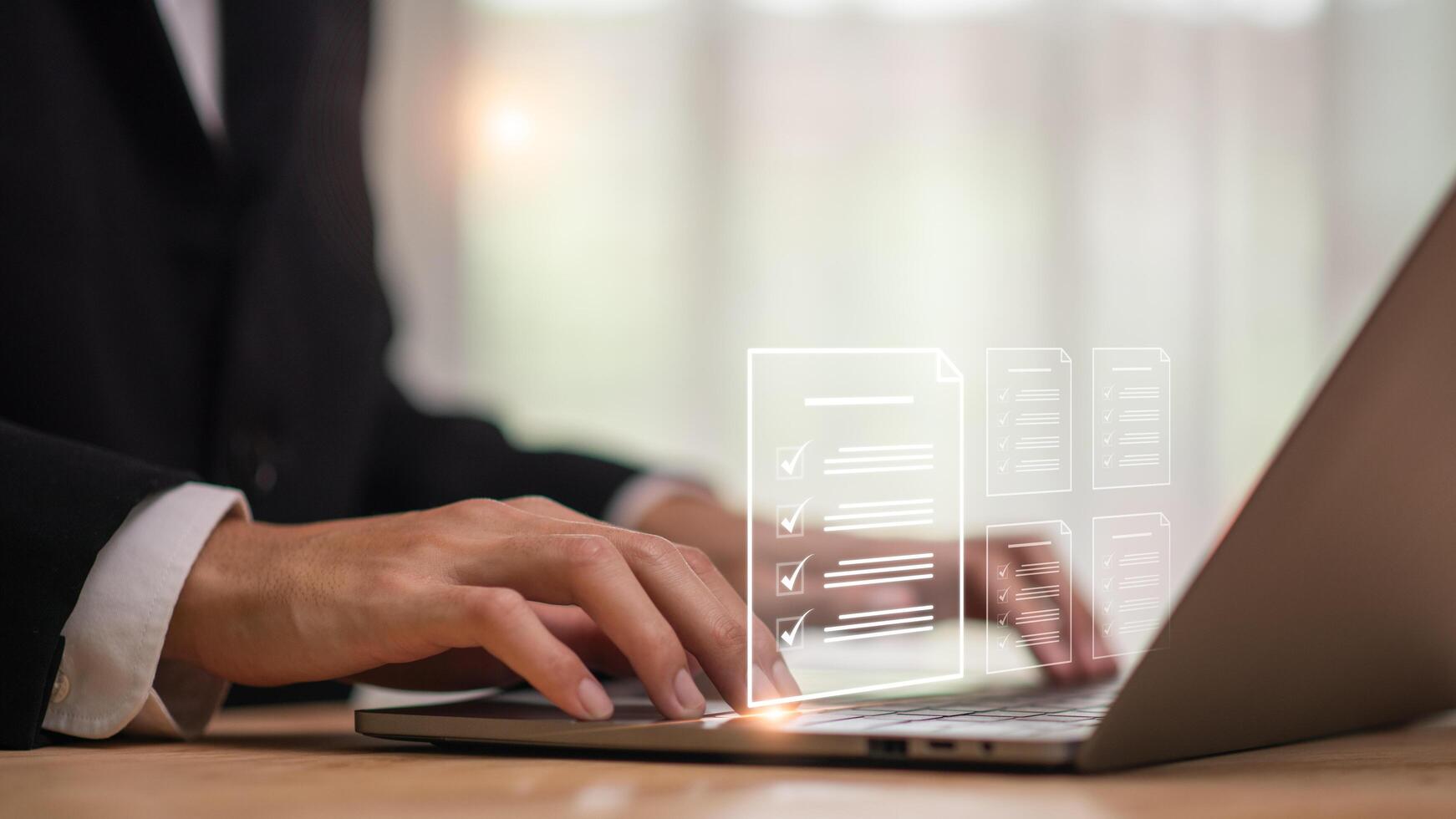 Accountant showing office document auditing concept ,plan review process and assess correctness ,Management of important document storage of organization ,document system ,accountant Audit documents. photo