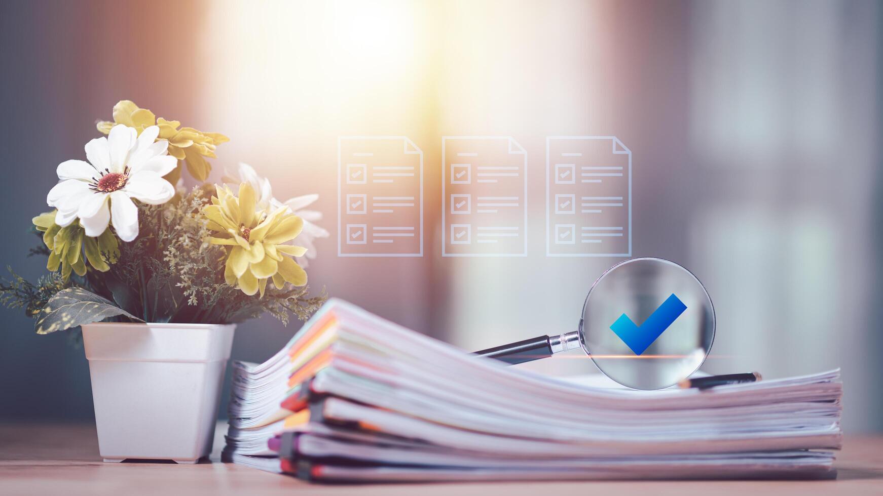 Accountant showing office document auditing concept ,plan review process and assess correctness ,Management of important document storage of organization ,document system ,accountant Audit documents. photo