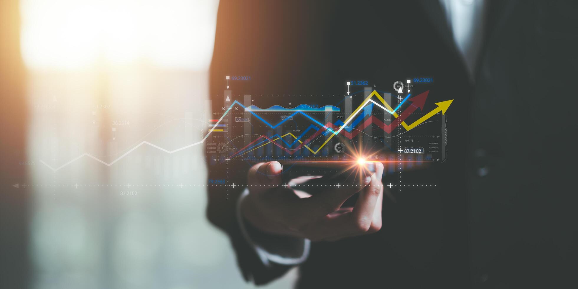 Businessman showing business growth and success graph ,concept of progress in development, financial efficiency and investment with business strategy for goals and opportunities in industry future photo
