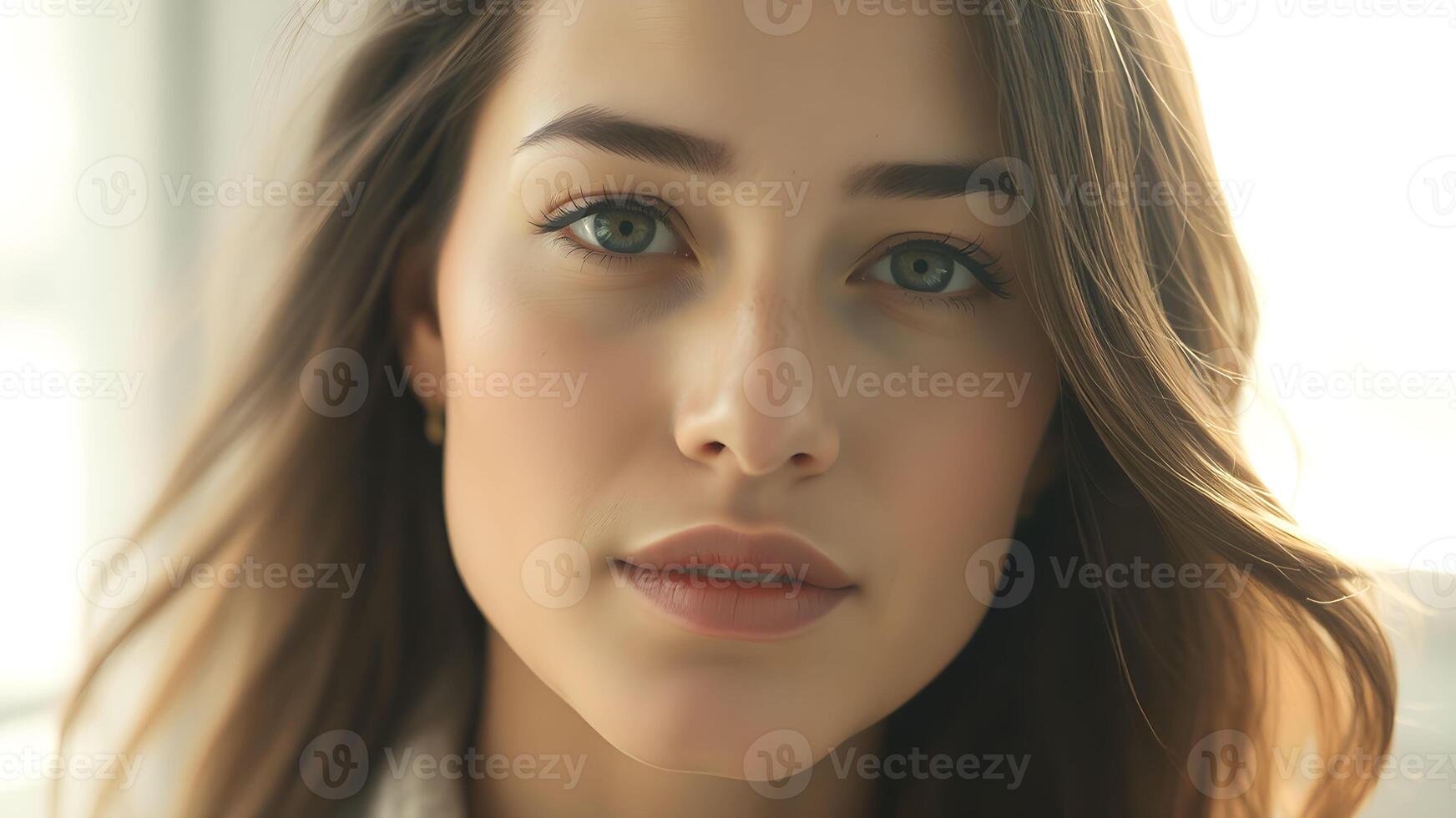 Elegant side profile of a woman showcasing a luminous complexion against a neutral backdrop photo