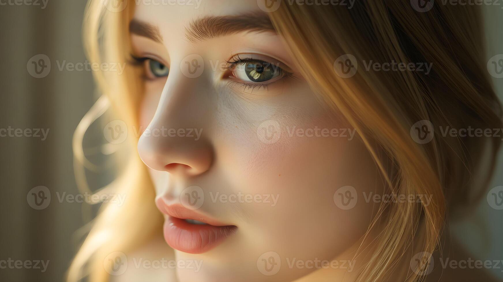 Elegant side profile of a woman showcasing a luminous complexion against a neutral backdrop photo