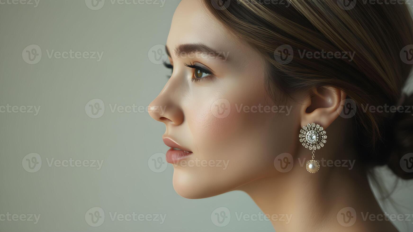 Elegant side profile of a woman showcasing a luminous complexion against a neutral backdrop photo