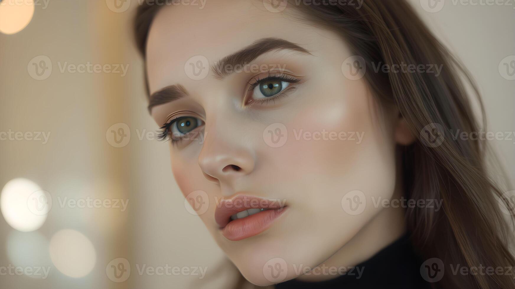 Elegant side profile of a woman showcasing a luminous complexion against a neutral backdrop photo
