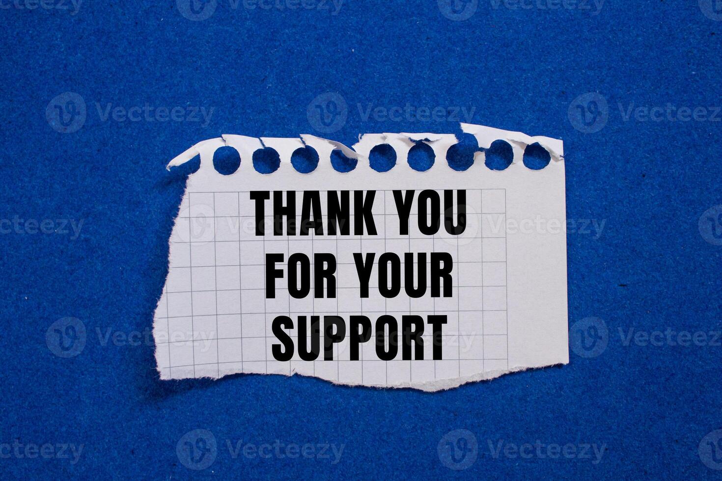 Thank you for your support message written on ripped torn paper piece with blue background. Conceptual thank you for your support symbol. Copy space. photo