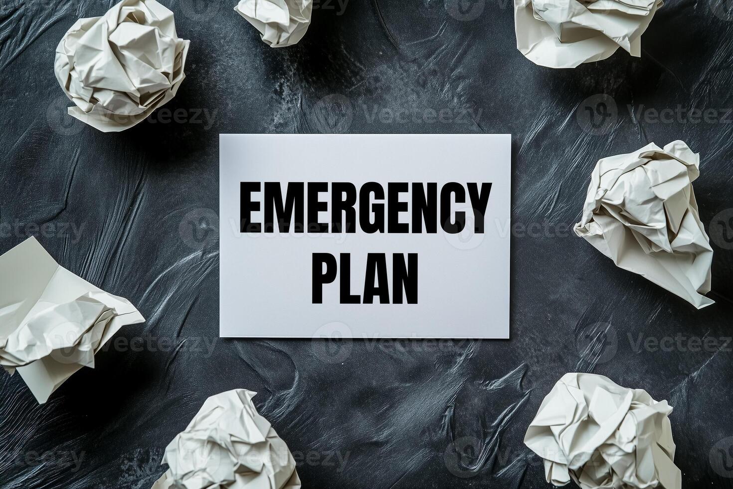 Emergency plan message written on white card with crumpled paper balls. Conceptual emergency plan symbol. photo