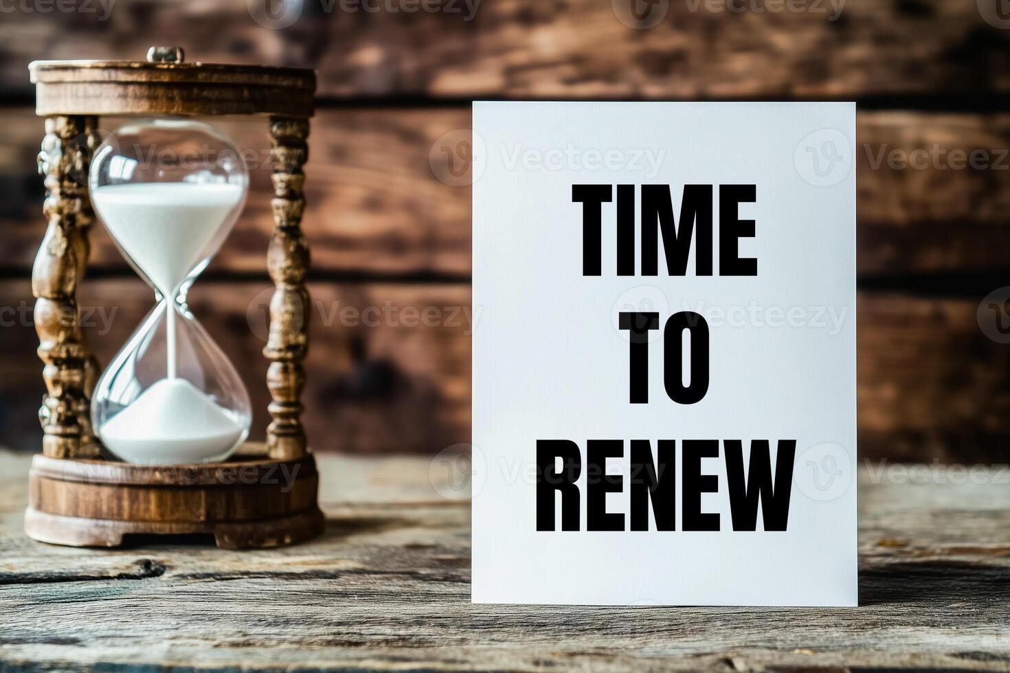 Time to renew message written on white paper card with an hourglass. Conceptual time to renew symbol. photo