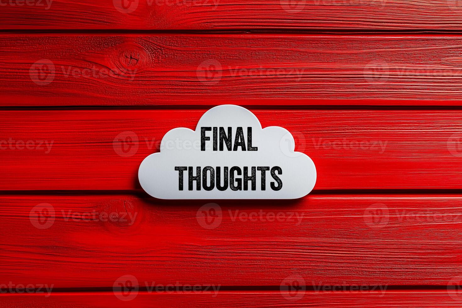 Final thoughts message written on white cloud shape on red wooden background. Conceptual final thoughts symbol. Copy space. photo