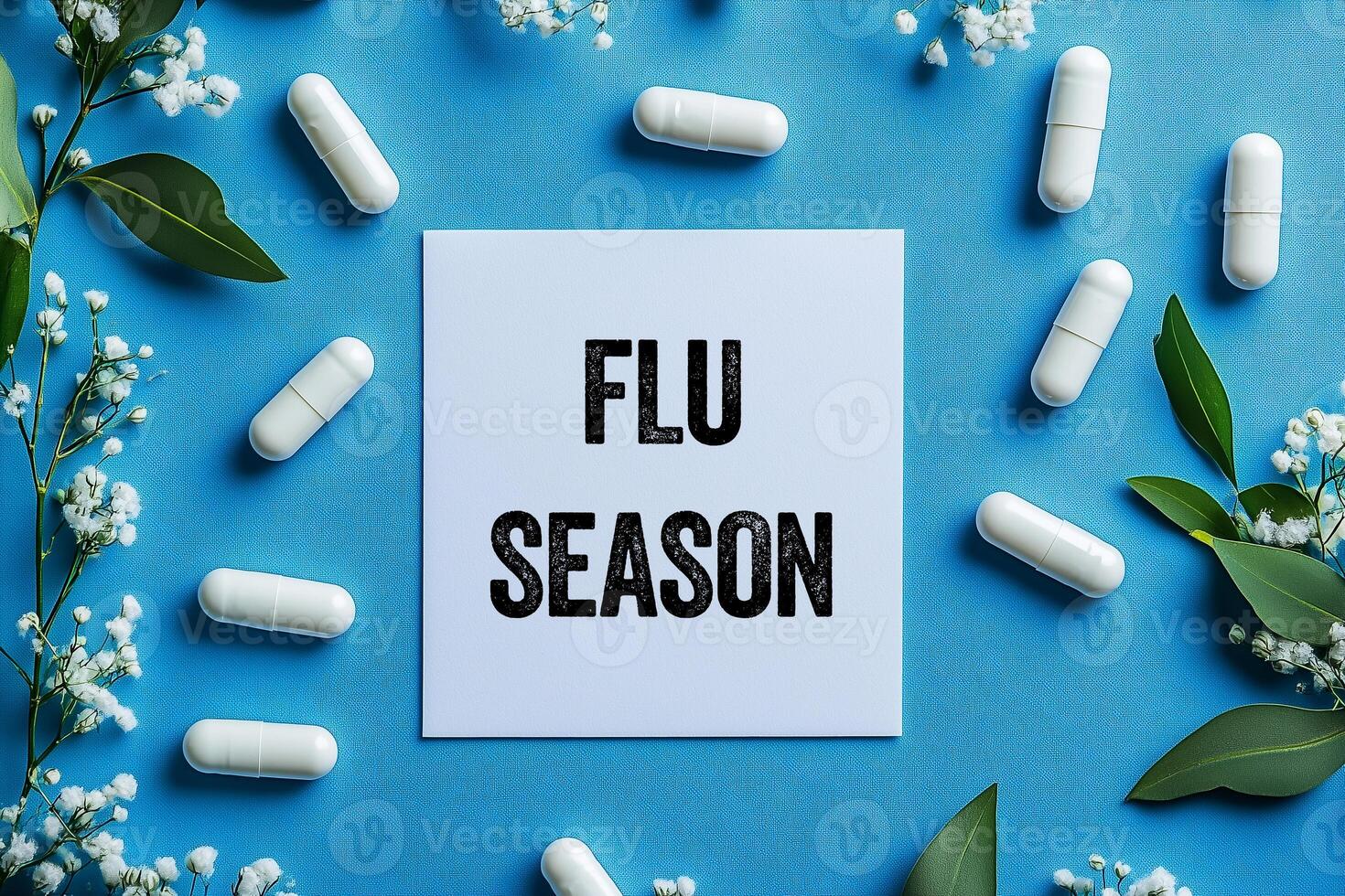 Flu season message written on white paper card with blue background. Conceptual flu season symbol. photo