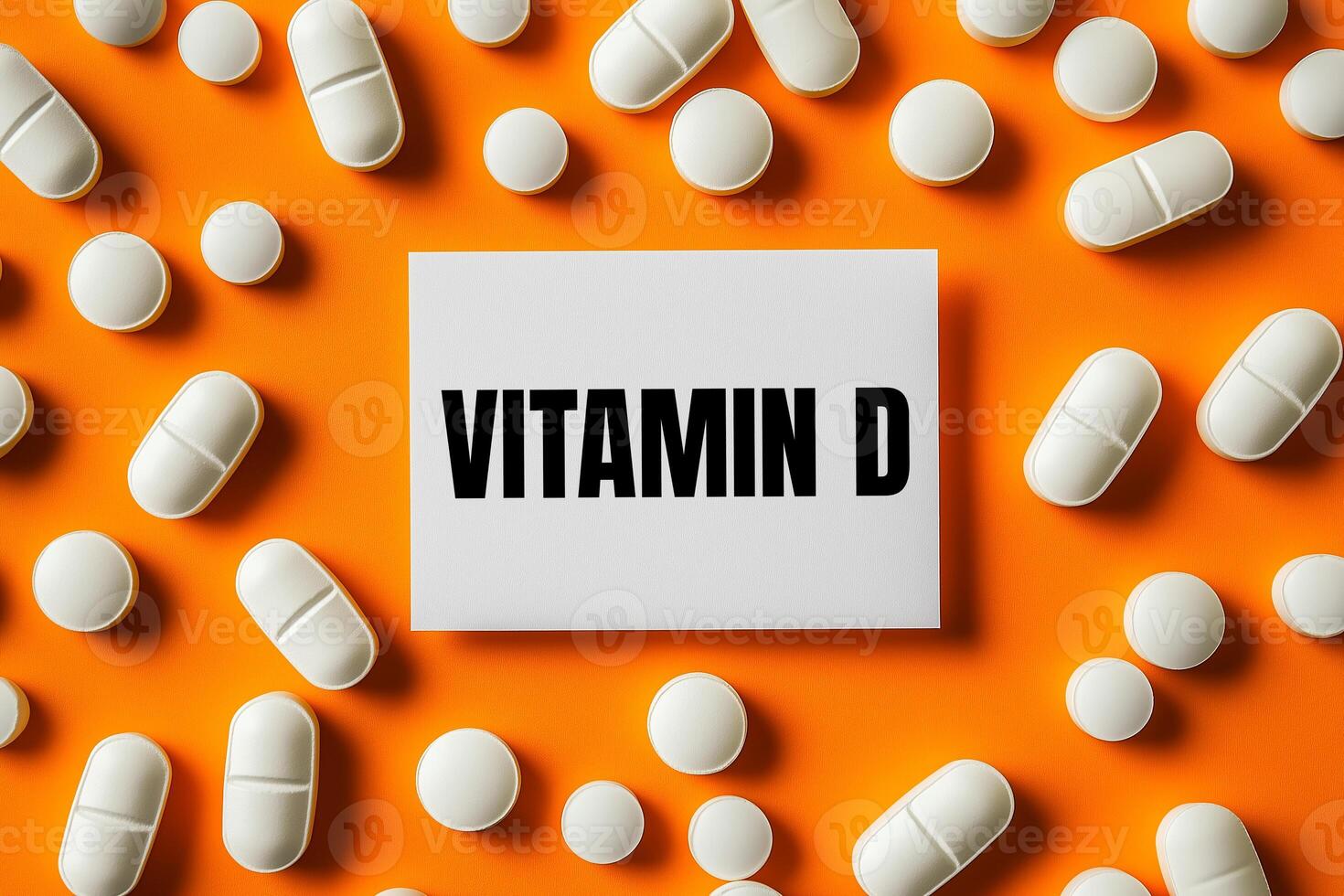 Vitamin d message written on white paper card with orange background. Conceptual vitamin d symbol. photo