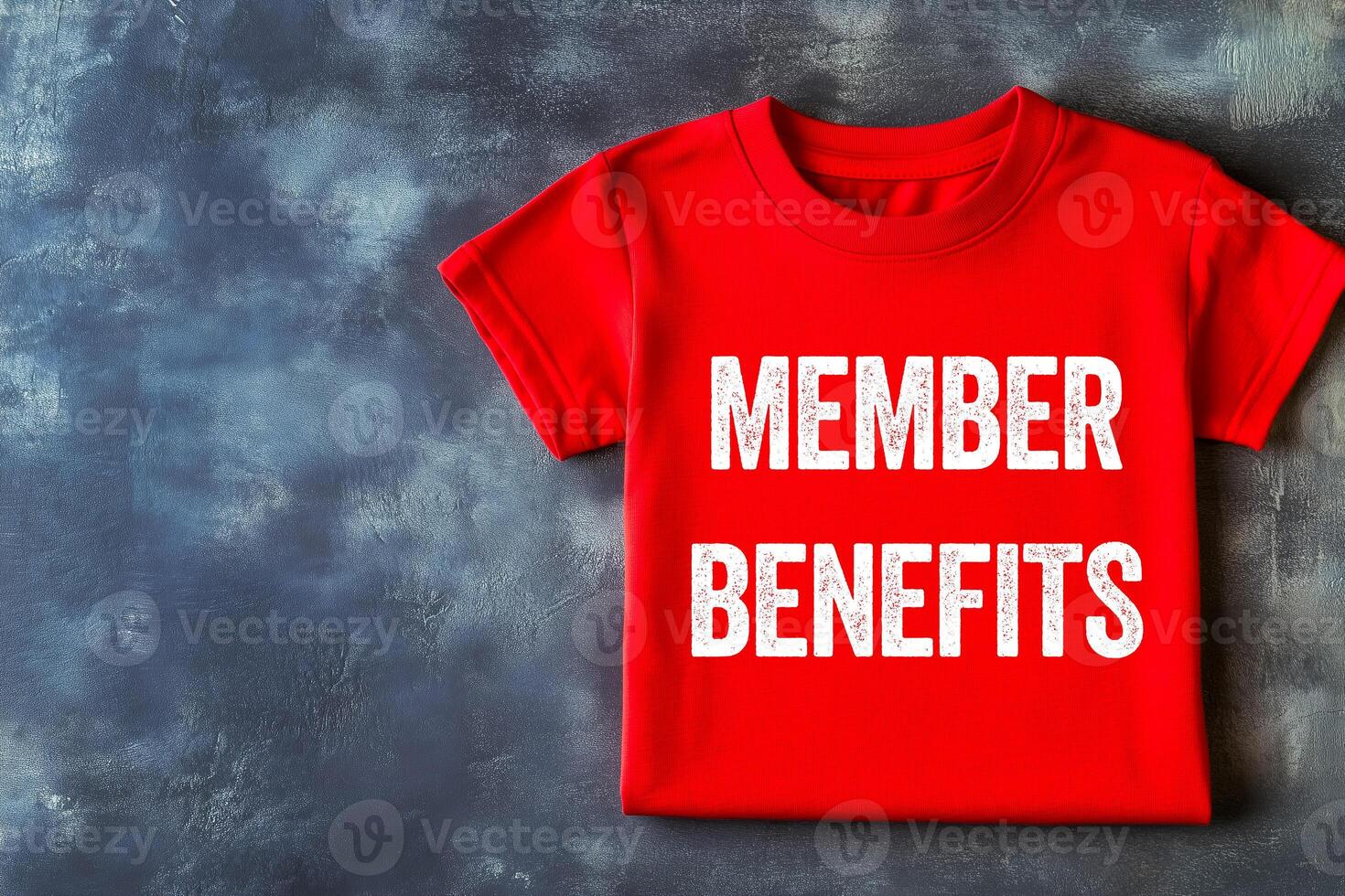 Member benefits message written on red t-shirt on dark background. Conceptual member benefits symbol. Copy space. photo