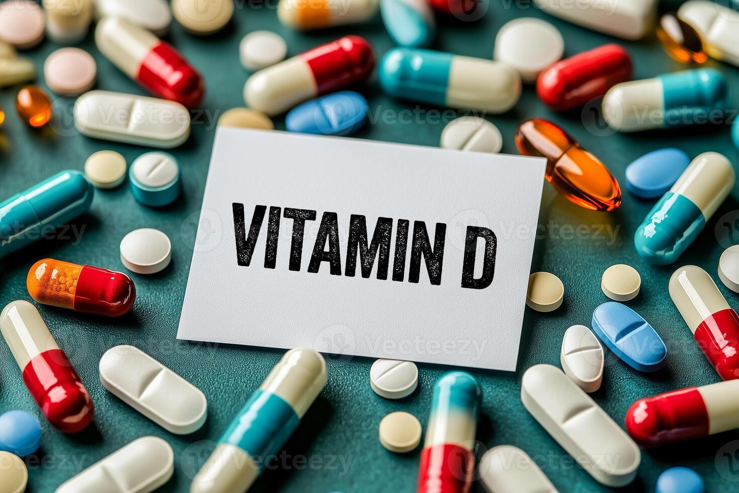 Vitamin d message written on white paper card with blue background. Conceptual vitamin d symbol. photo