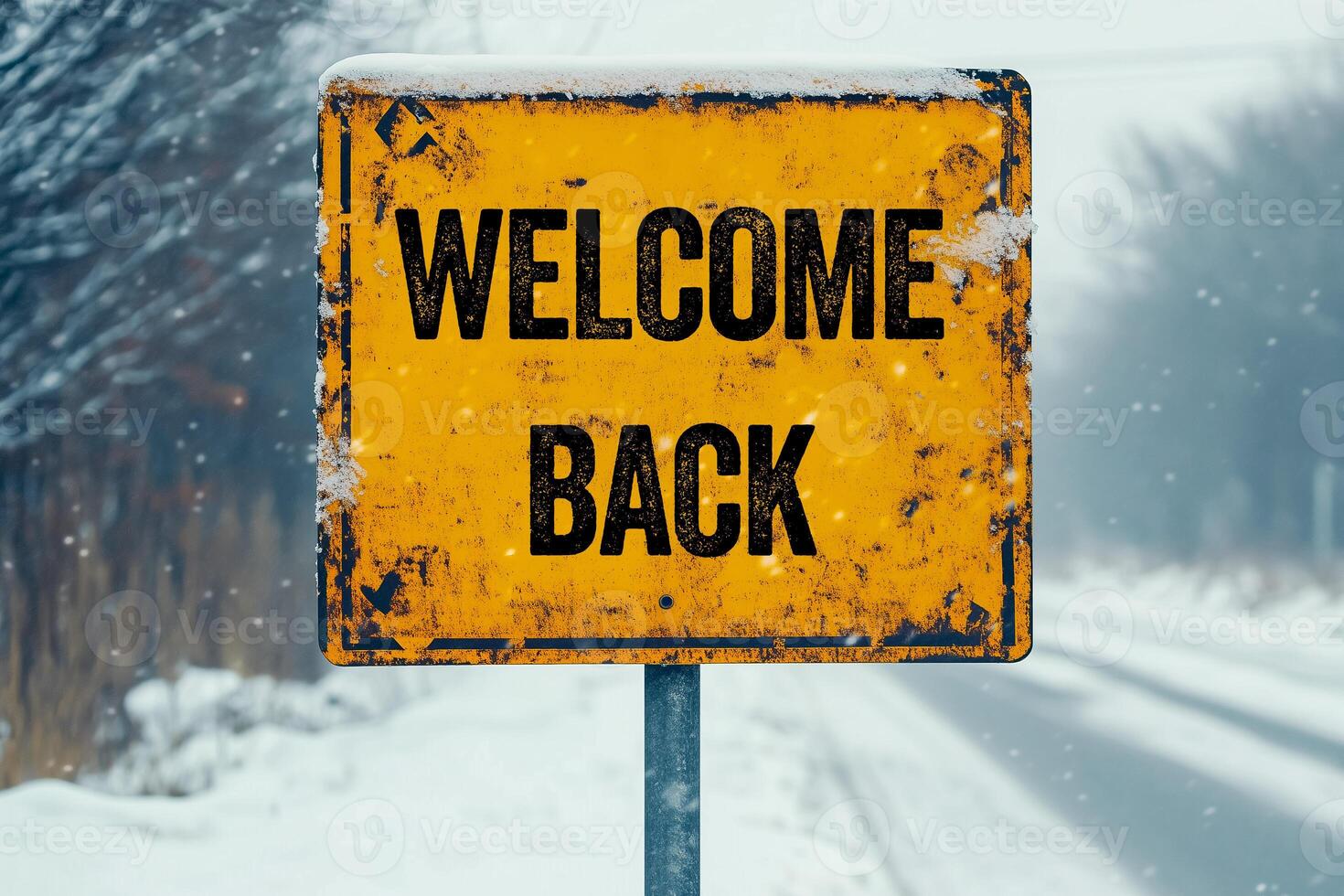 Welcome back message written on yellow metal signpost in snowy weather. Conceptual welcome back symbol. photo