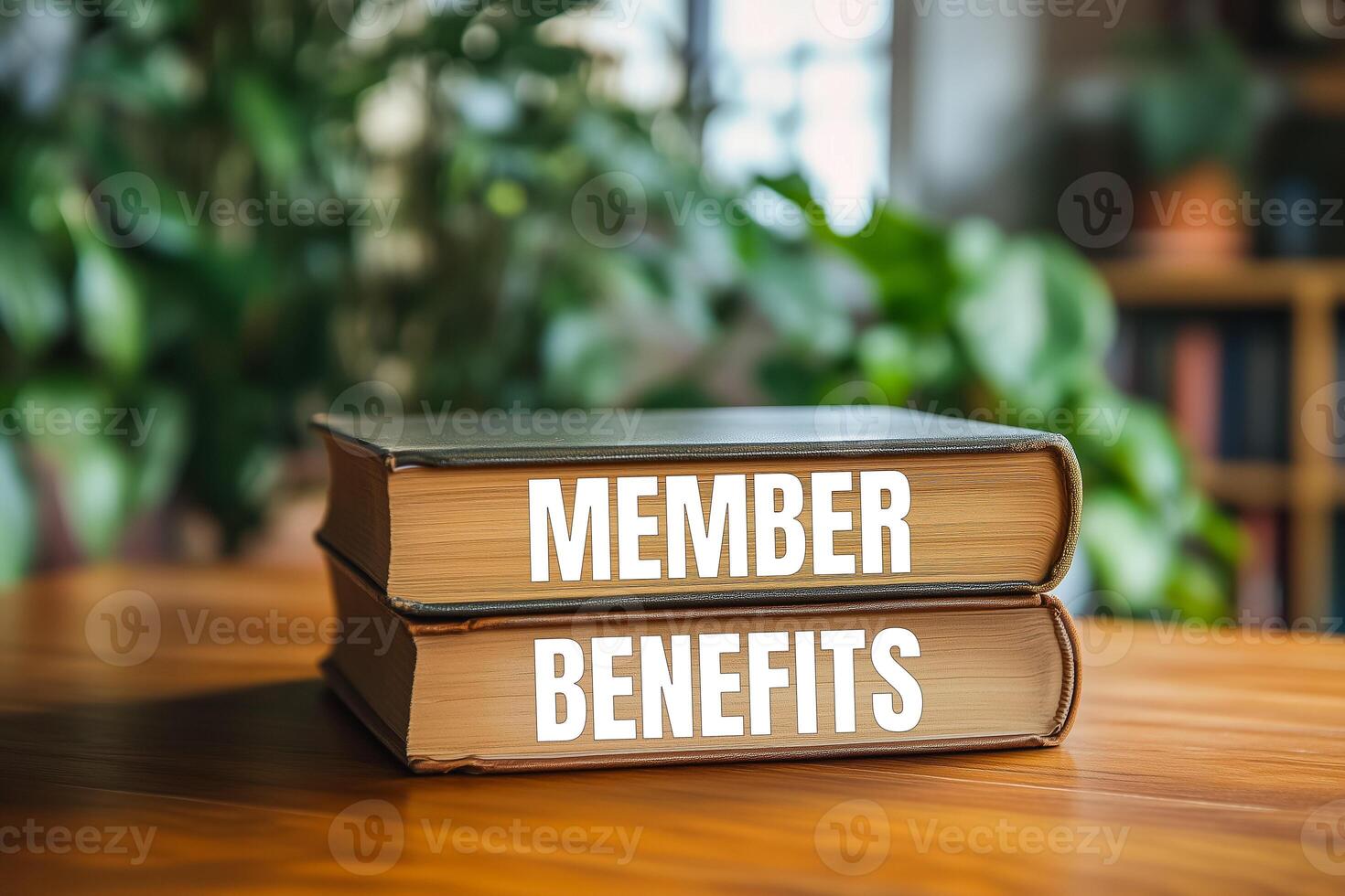 Member benefits message written on books on table. Conceptual member benefits symbol. photo