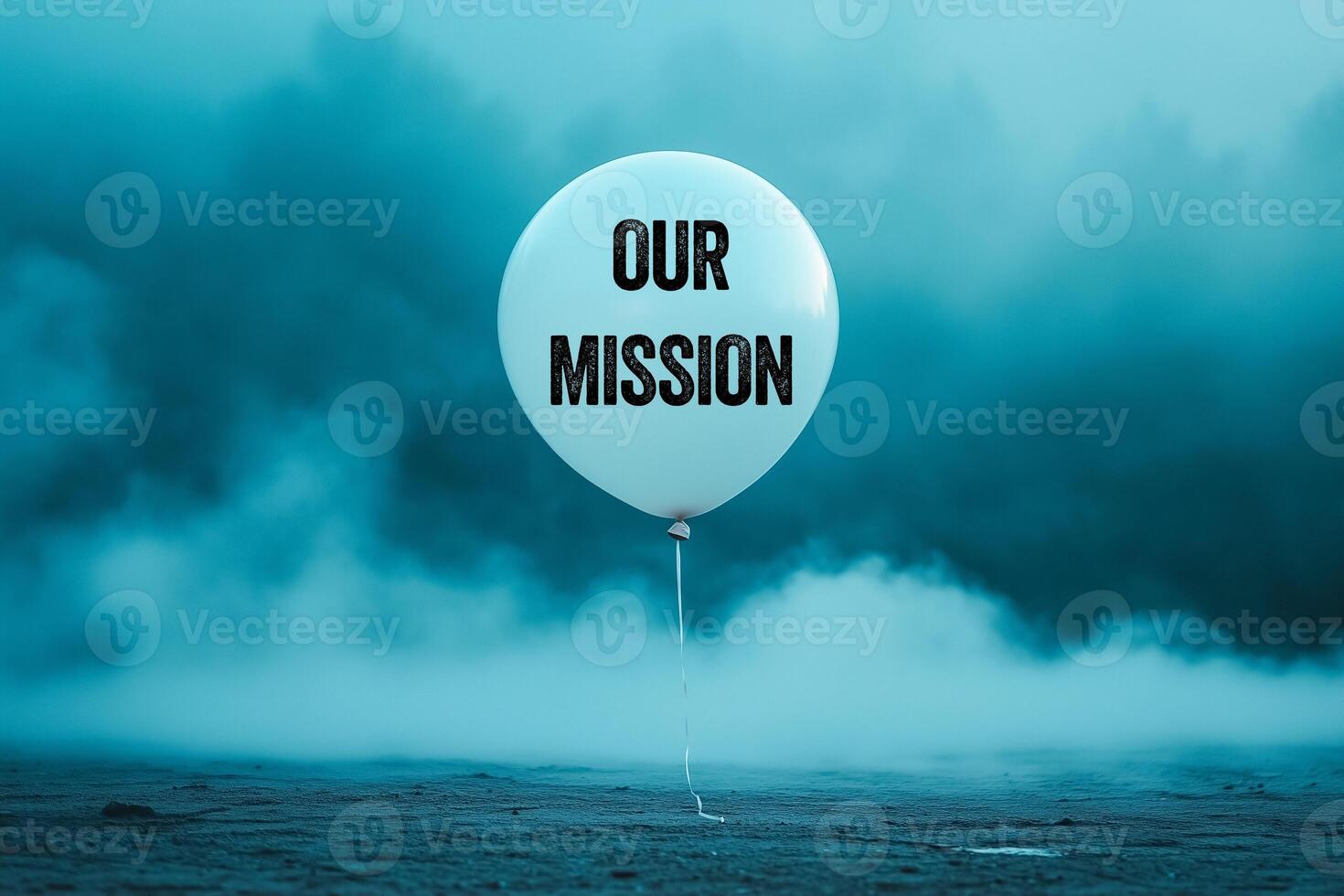 Our mission message written on white balloon on blue background. Conceptual our mission symbol. photo
