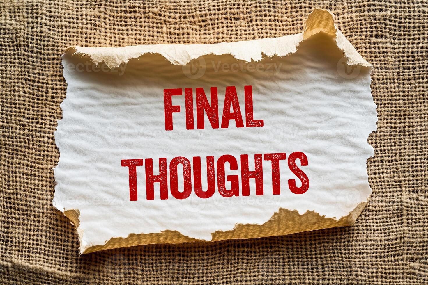 Final thoughts message written on ripped torn paper piece. Conceptual final thoughts symbol. photo