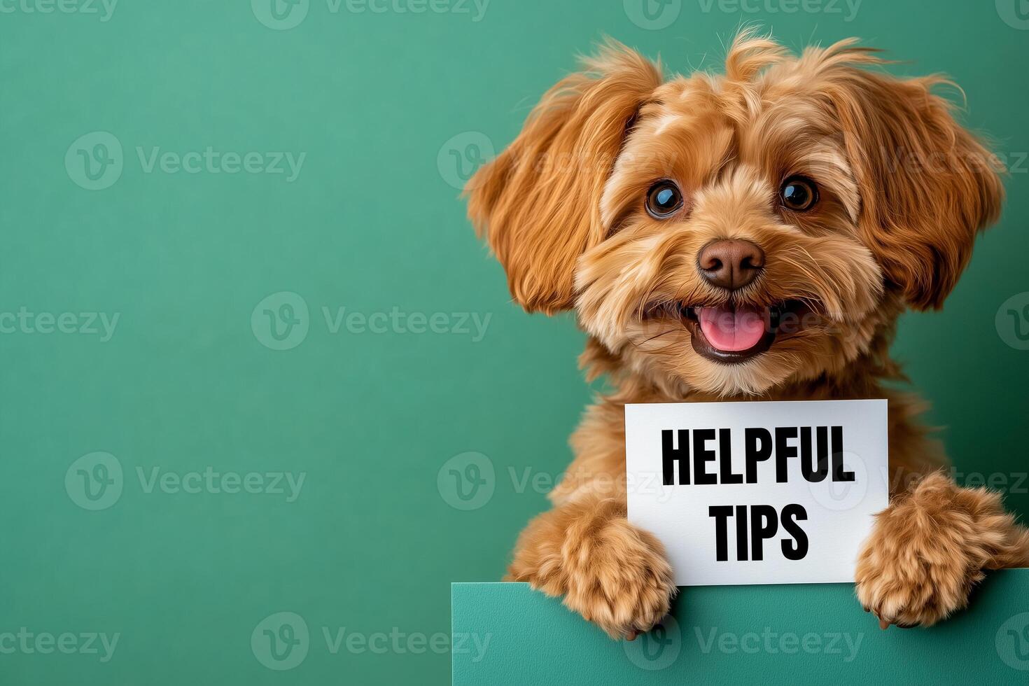 Dog holding a white card with helpful tips message. Conceptual helpful tips symbol. Copy space. photo