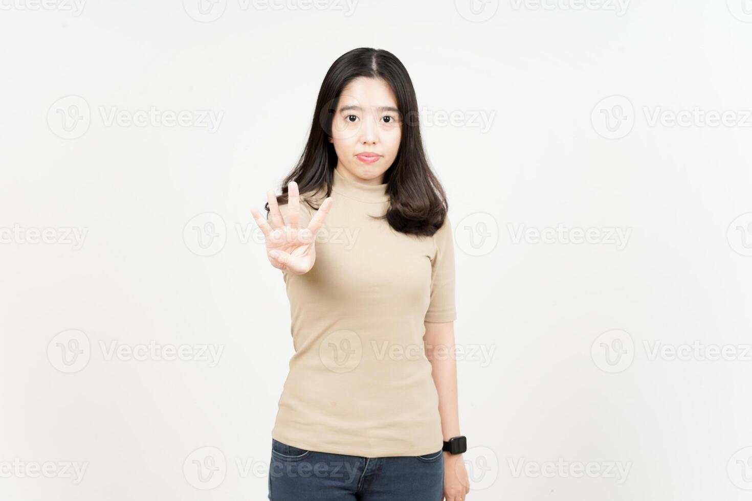 Showing Finger Of Four Beautiful Asian Woman Isolated On White Background photo