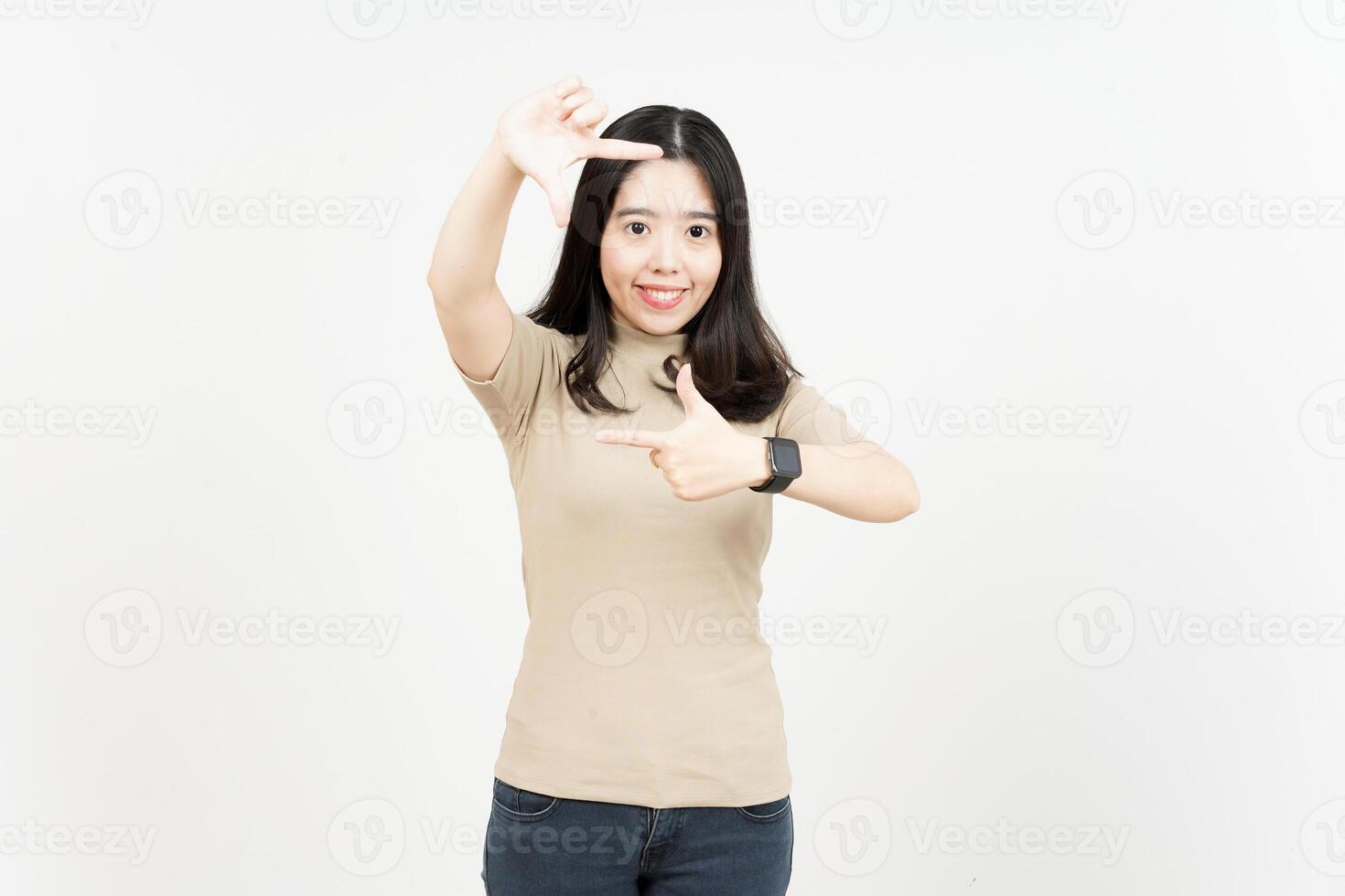 Make Frame With Hands Of Beautiful Asian Woman Isolated On White Background photo